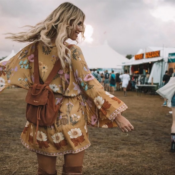 Tops - Boho Floral Print Kimono Belted Beach Cover up